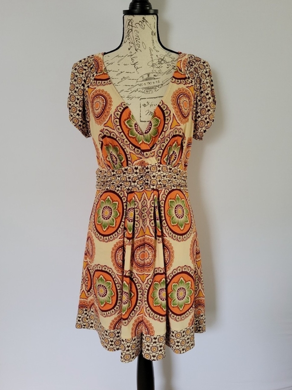 Beige by eci Orange and Cream Boho V-Neck Mini Dress